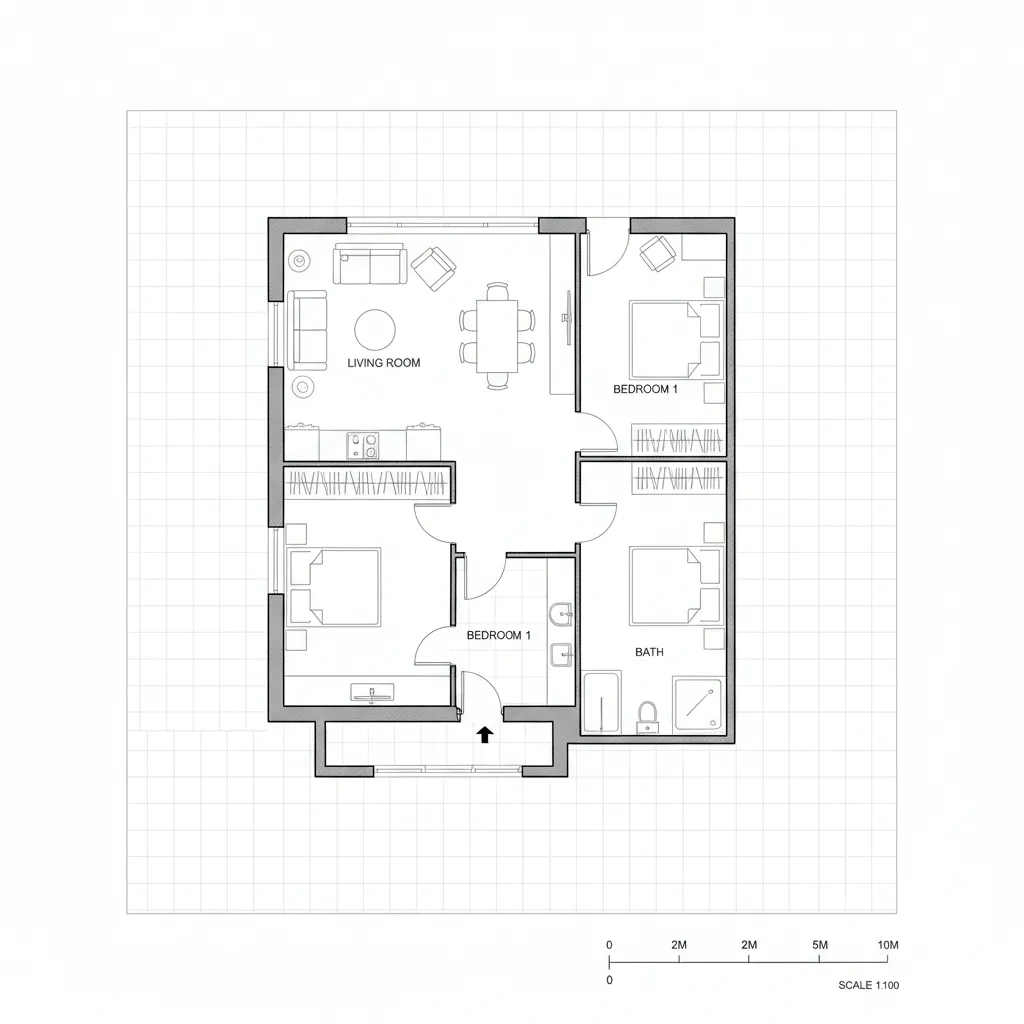 Architectural CAD floor plan with a graphic scale bar placed under the drawing