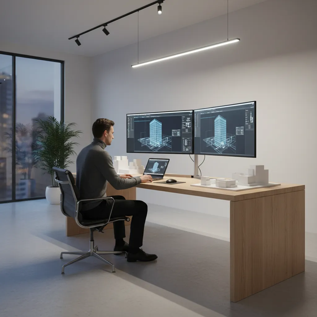 architect reviewing architectural CAD drawings on workstation