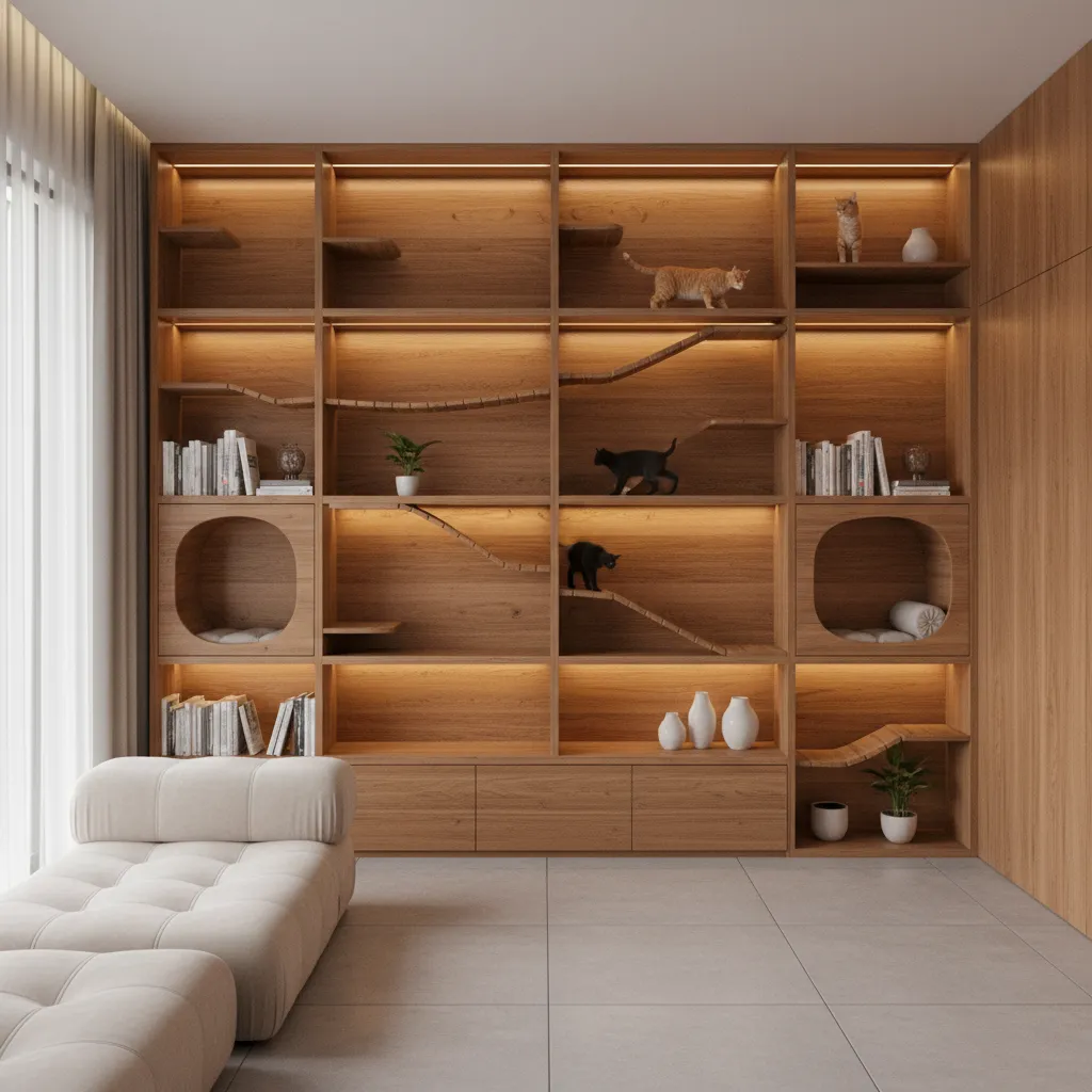 Architectural cat pathway integrated with bookshelf and wall shelves