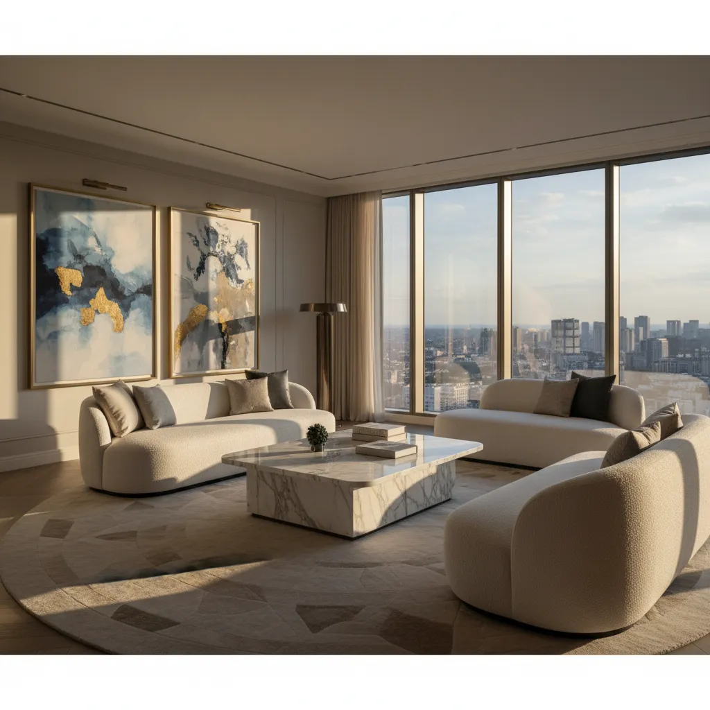 Interior elegante estilo revista Architectural Digest con materiales de lujo