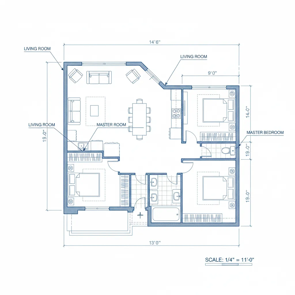 Close-up of architectural dimension lines and tick marks on a house floor plan