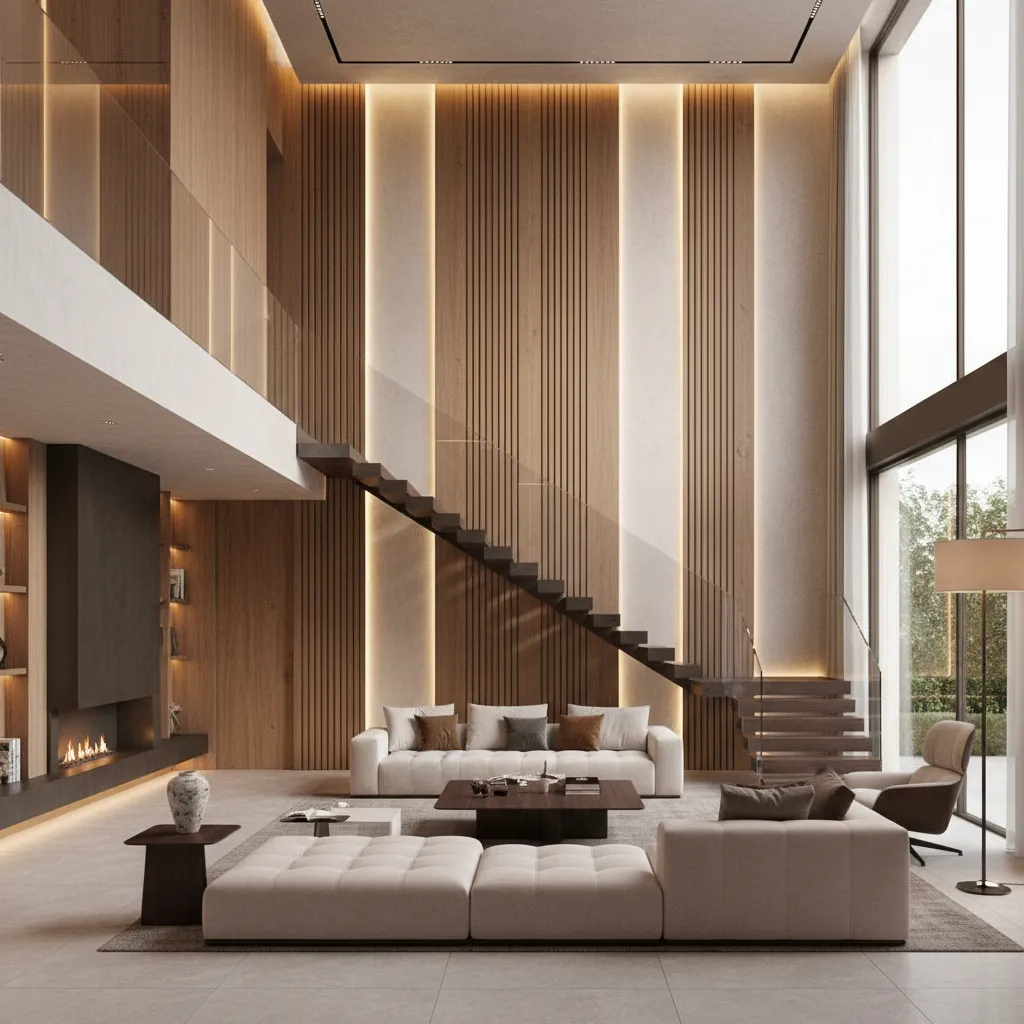 Architectural view of tall living room wall with vertical panels and staircase