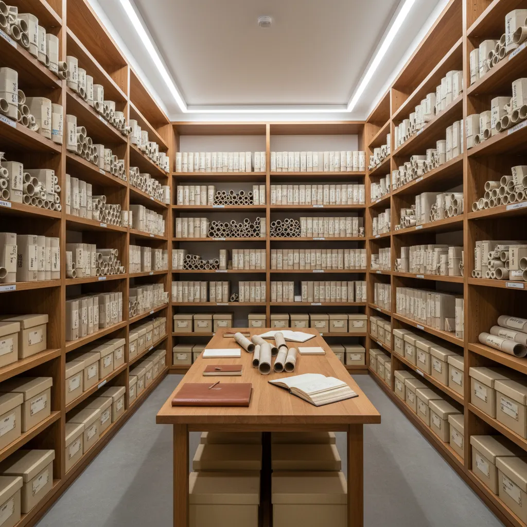 Room with shelves storing rolled architectural blueprints and labeled document tubes