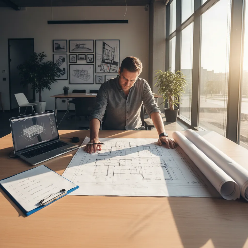 Architect performing quality check on floor plan drawings before project delivery