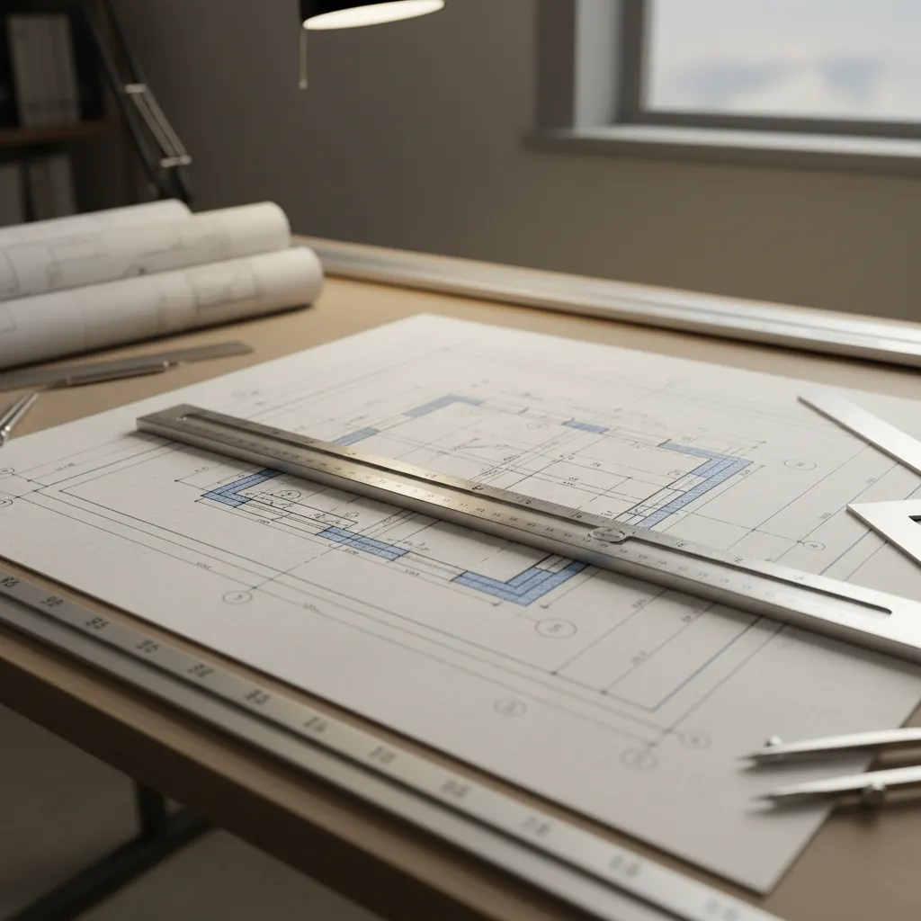 measuring architectural floor plan scale with ruler on blueprint drawing