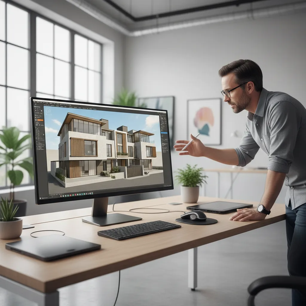 3D building elevation displayed on screen during architectural visualization quality check