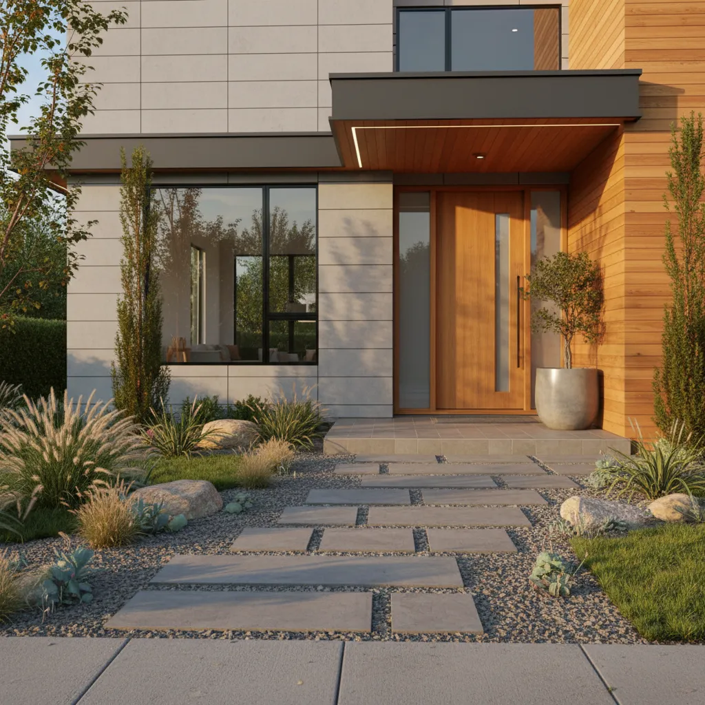 Architectural entry transition with walkway porch and front door sequence