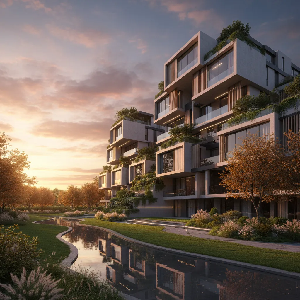 realistic exterior architectural 3D rendering of modern apartment building