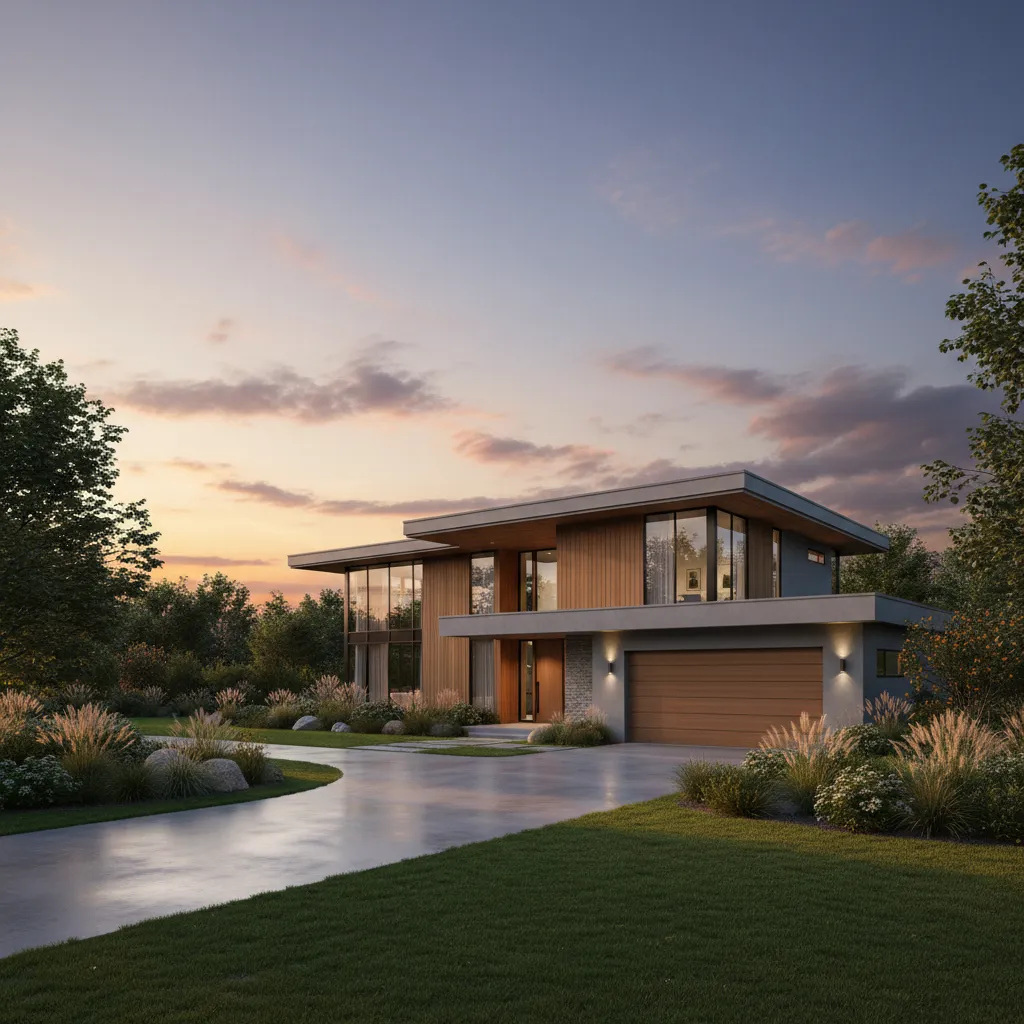 Modern residential house exterior architectural render with landscaping