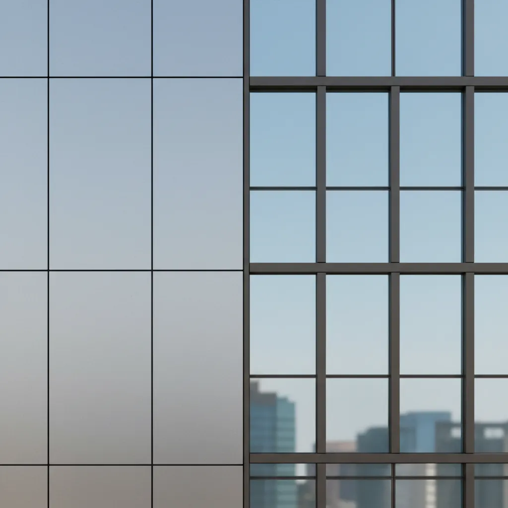 detailed 3D architectural visualization comparing ACP panel joints and glass curtain wall mullions