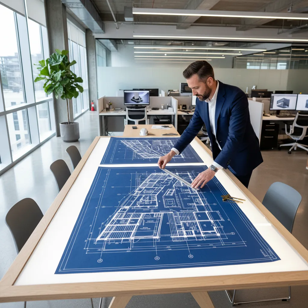 Architect reviewing detailed 2D construction floor plan drawings on a large table