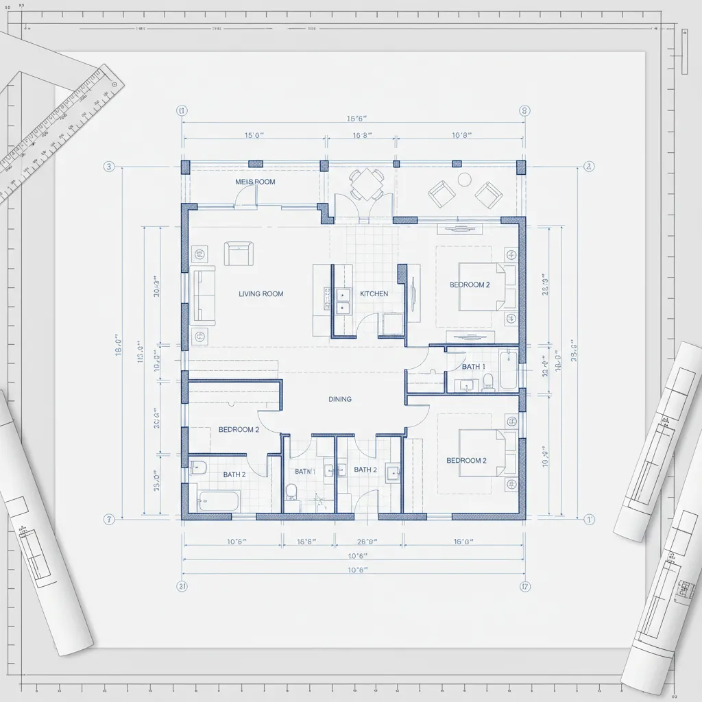 Residential architectural floor plan with dimension strings in feet and inches