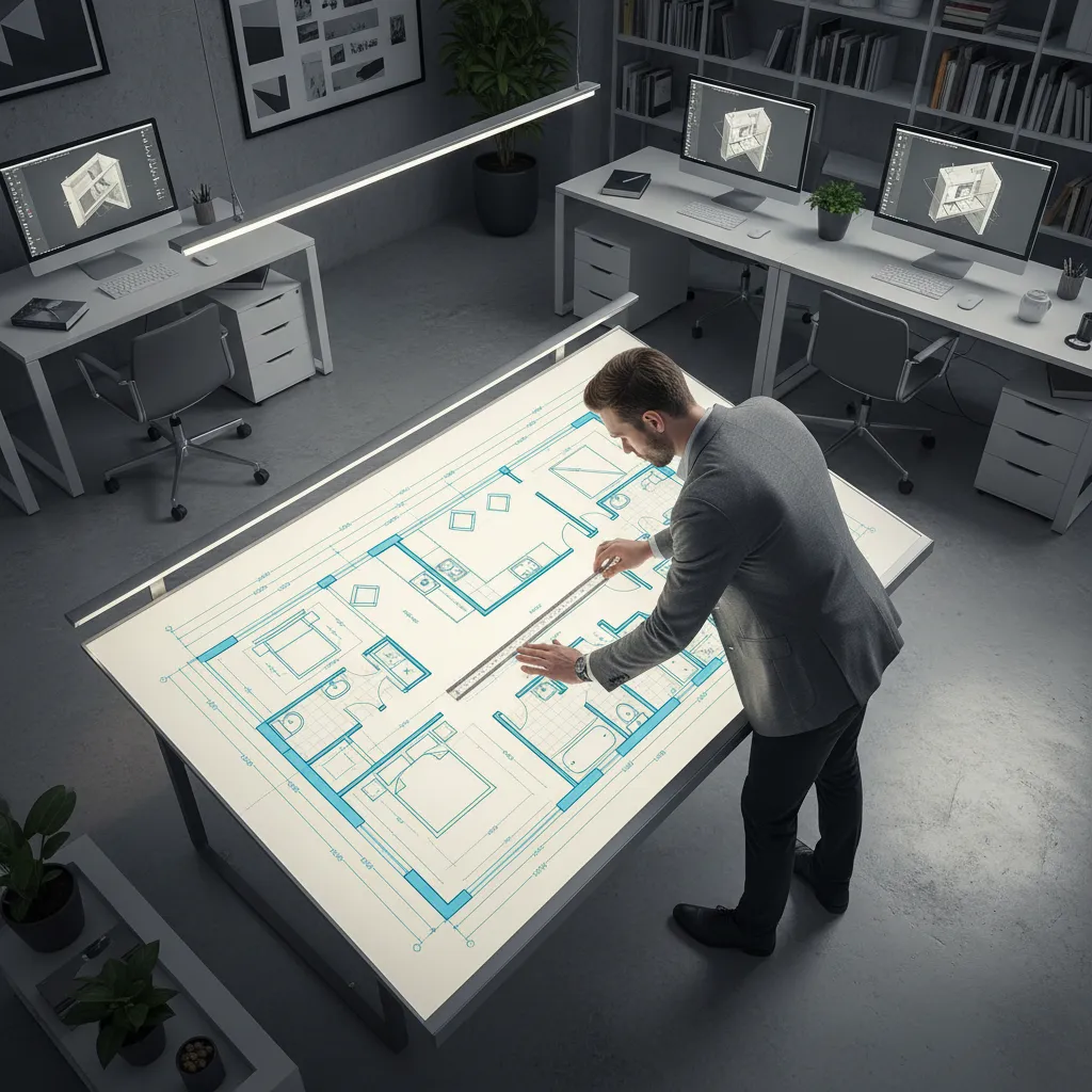 Architect studying detailed floor plan measurements on large layout sheet