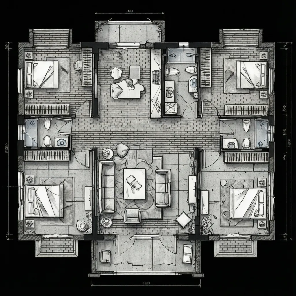 Architectural floor plan with concrete, brick and insulation hatch patterns