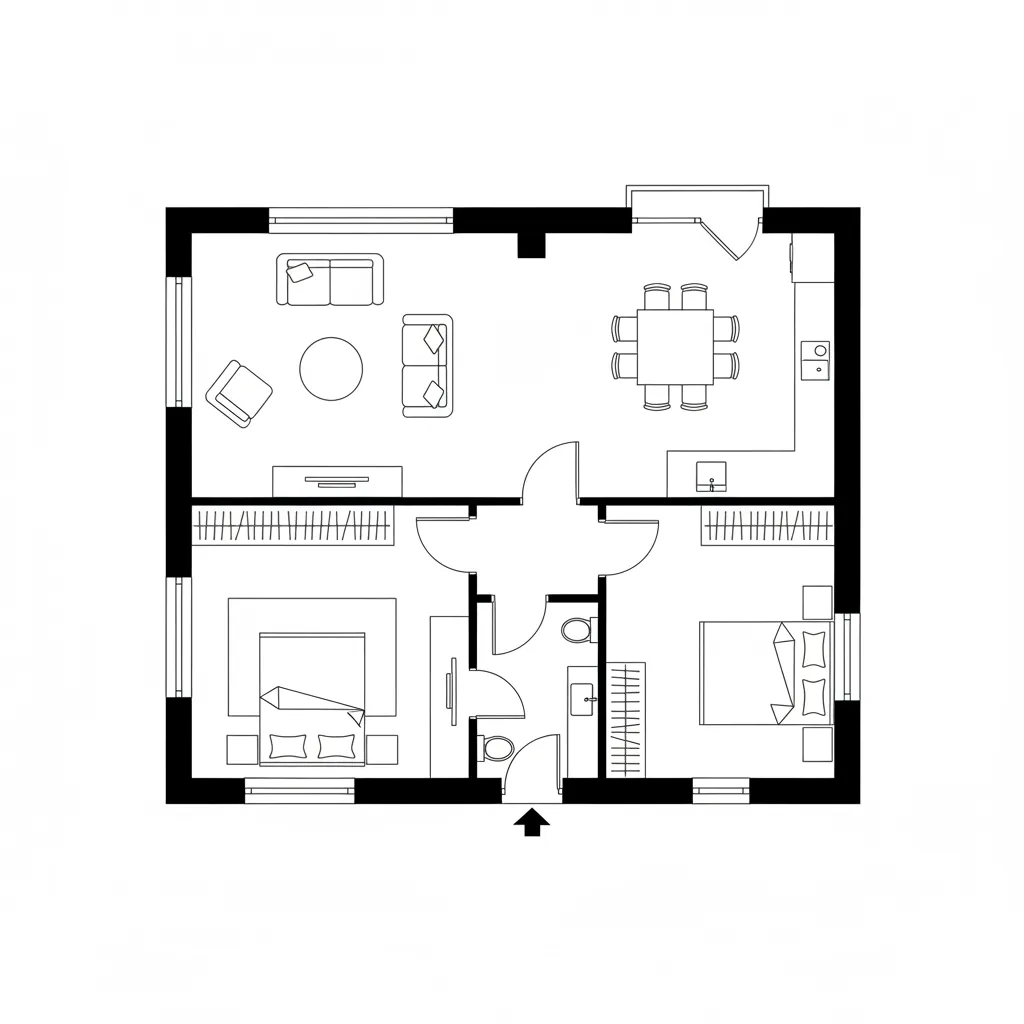 Annotated architectural floor plan showing wall lines doors windows and furniture layout