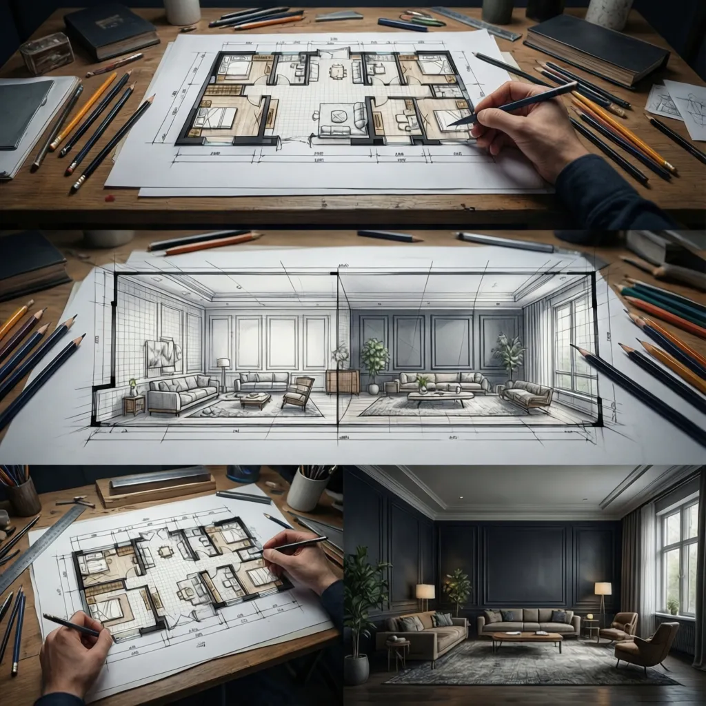 Step-by-step architectural floor plan drawing workflow showing construction lines and final line weights