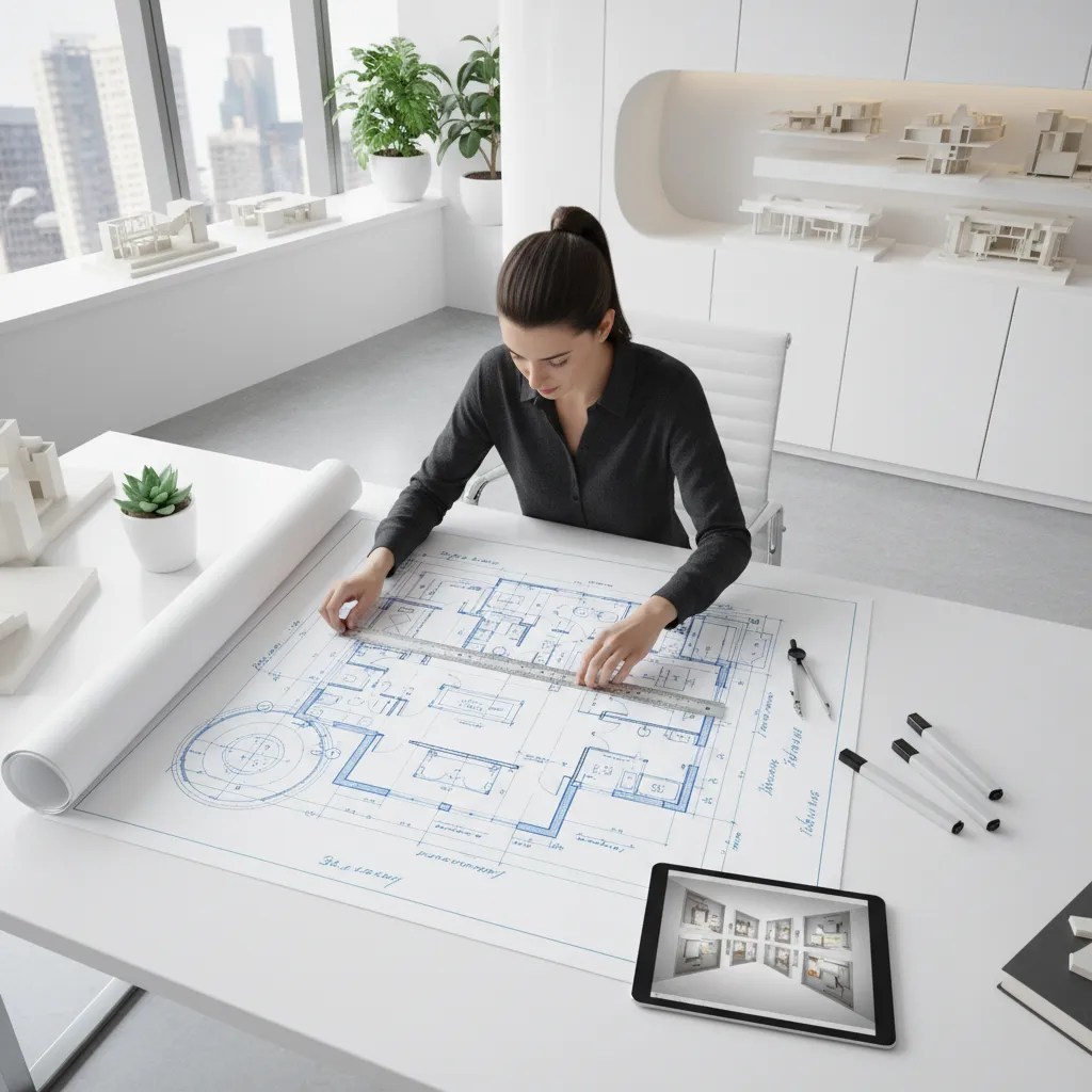 architect measuring residential floor plan drawings for construction material estimation