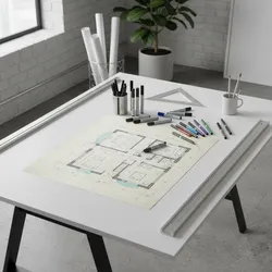 Interior design drawing on a white desk with many markers rulers and a potted plant