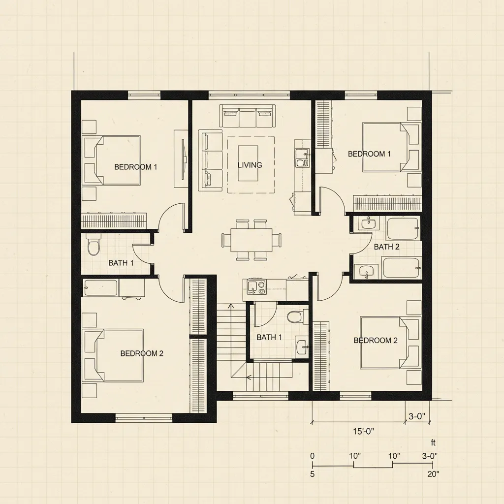 Architectural floor plan with scale bar and measurement reference