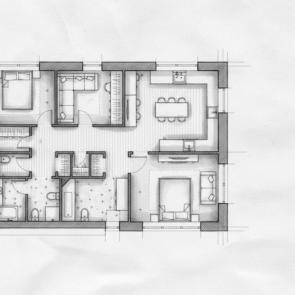 Architectural floor plan shading patterns using hatch lines and gray markers