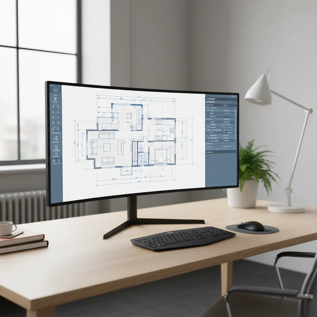 computer interface showing architectural floor plan drafting software tools