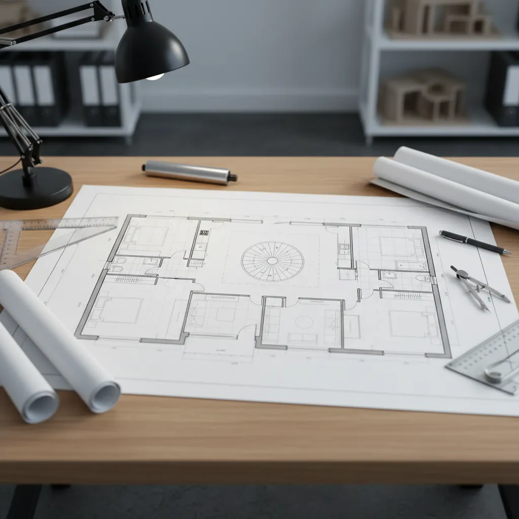 Bản vẽ mặt bằng nhà hiển thị các kí hiệu tường cửa và cầu thang