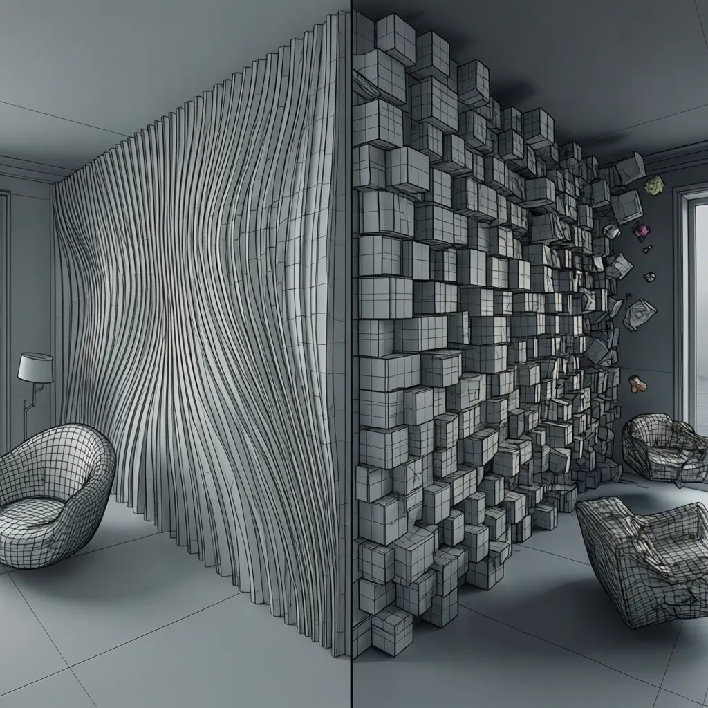 Comparison of clean spline-extruded wall topology versus dense box modeled mesh