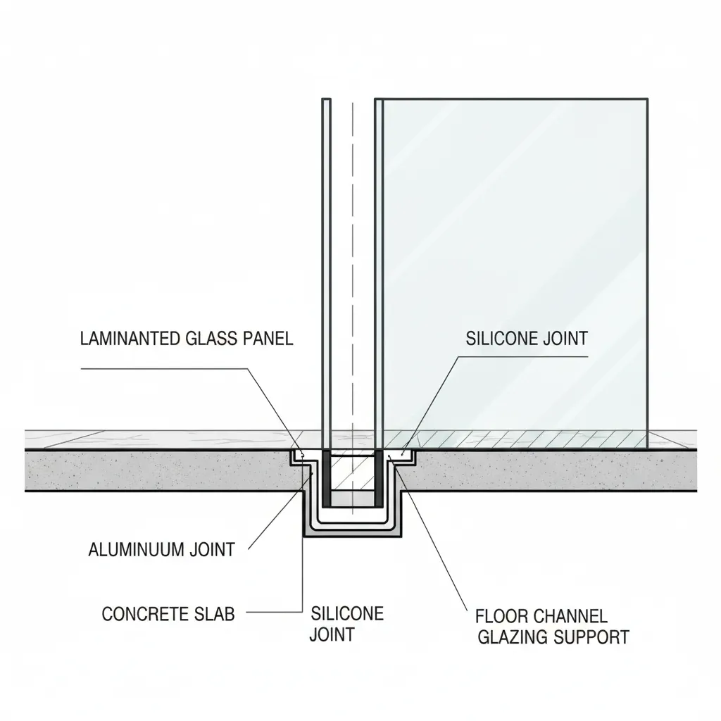 architectural section detail of frameless glass window system