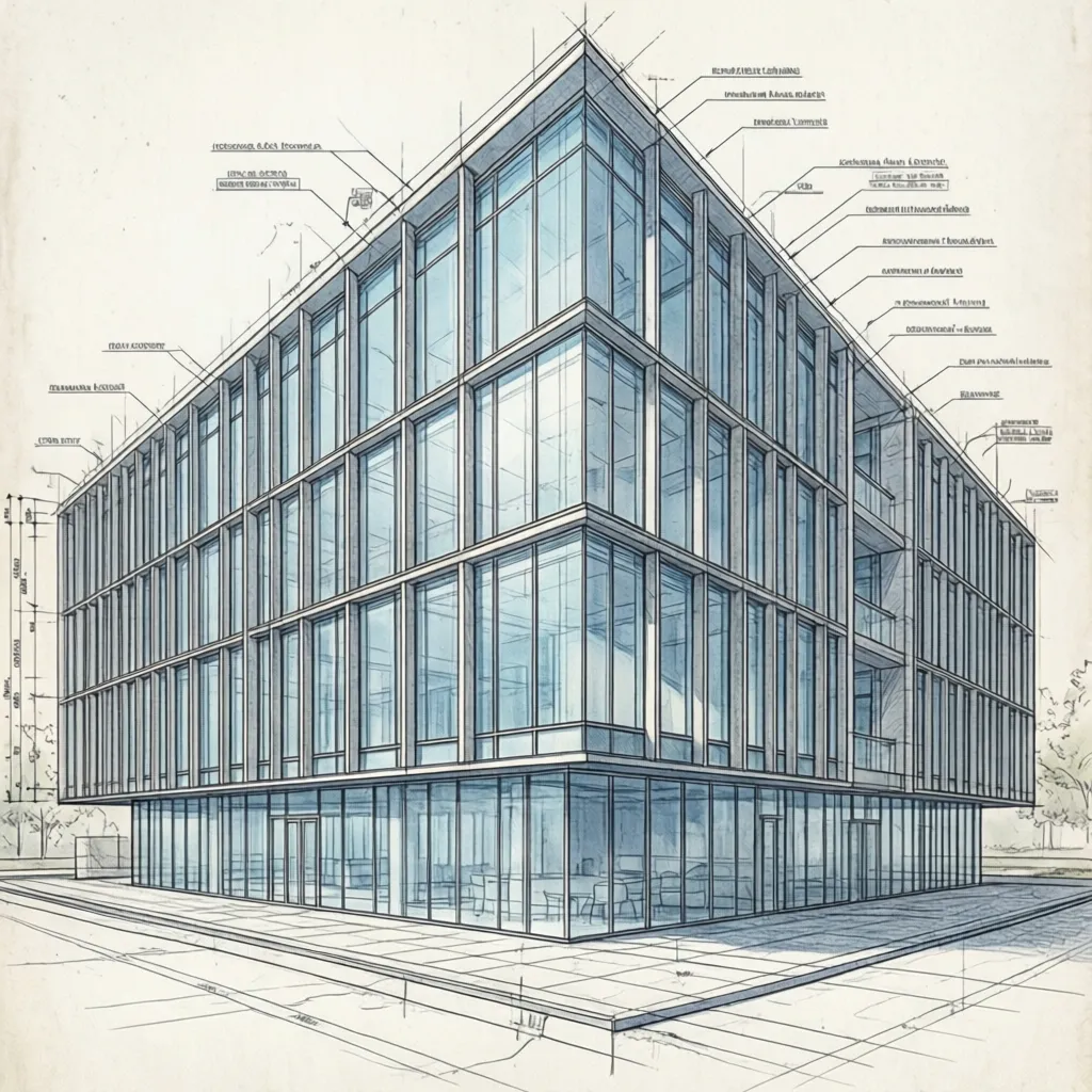architectural elevation showing frameless glass facade