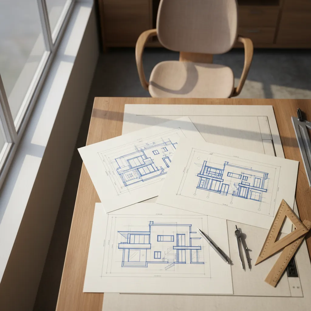Modern house interior design drawings on a wooden desk with a ruler, pen, and compass
