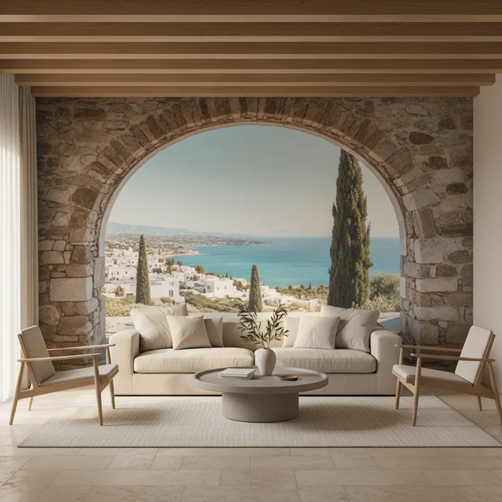 Living room with arched architectural illusion wall mural