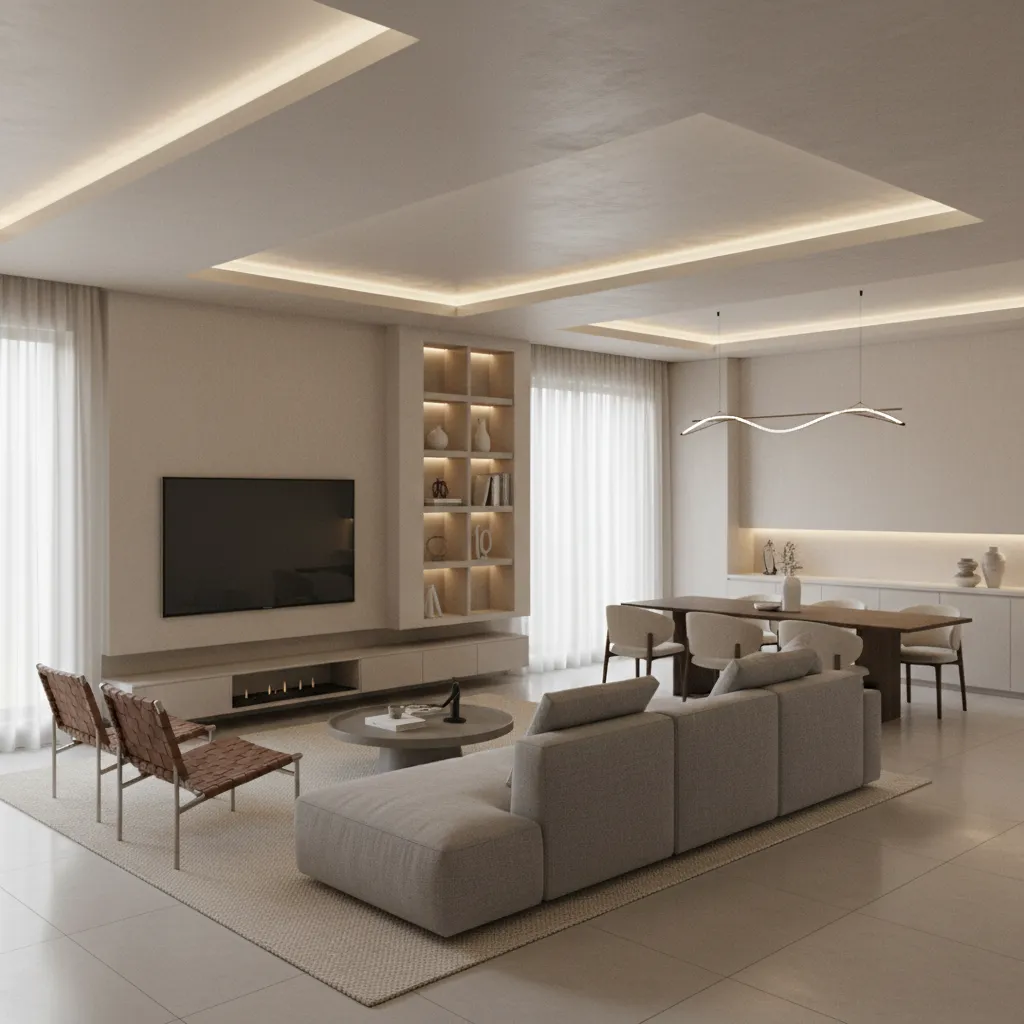 Render arquitectónico de sala moderna utilizado como inspiración