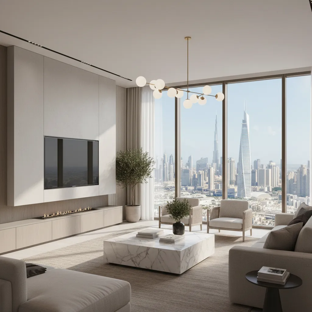 Modern Dubai apartment interior rendered with realistic lighting and materials
