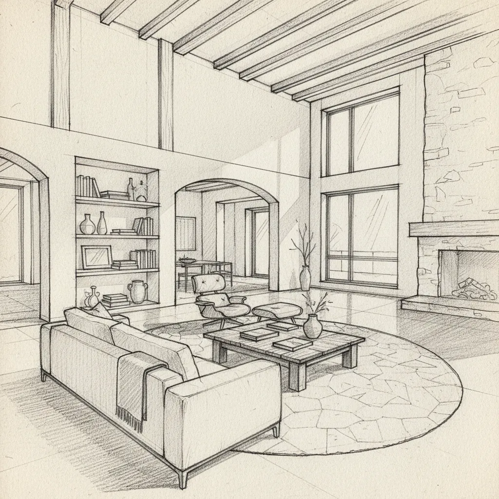 Detalle de boceto arquitectónico interior con líneas de perspectiva y sombreado