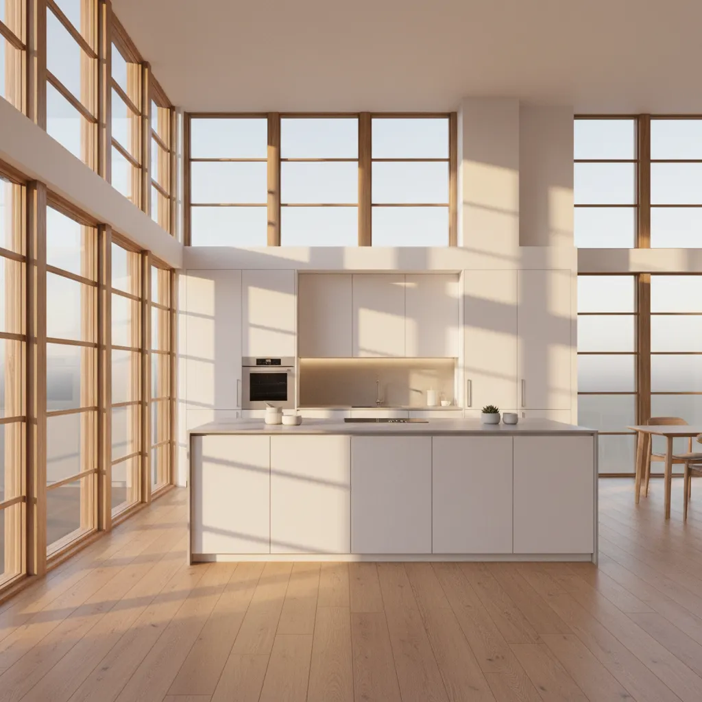 Architectural kitchen window placement design capturing morning sunlight