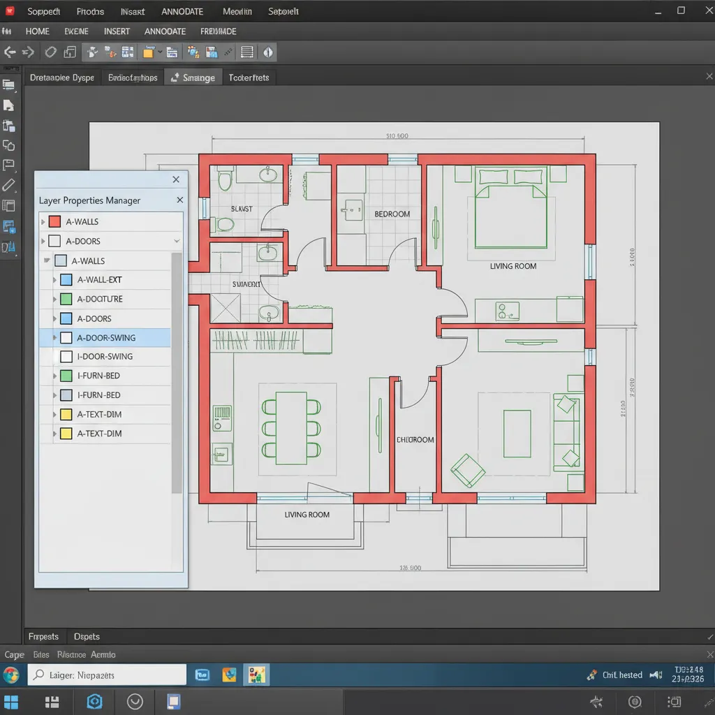 Organized architectural CAD layers displayed in interface with structured building plan