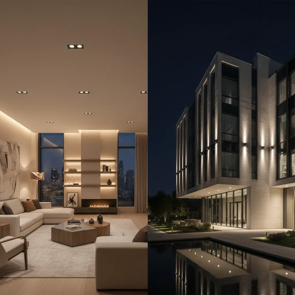 Comparison of indoor living room lighting and outdoor building lighting at night using light fixtures