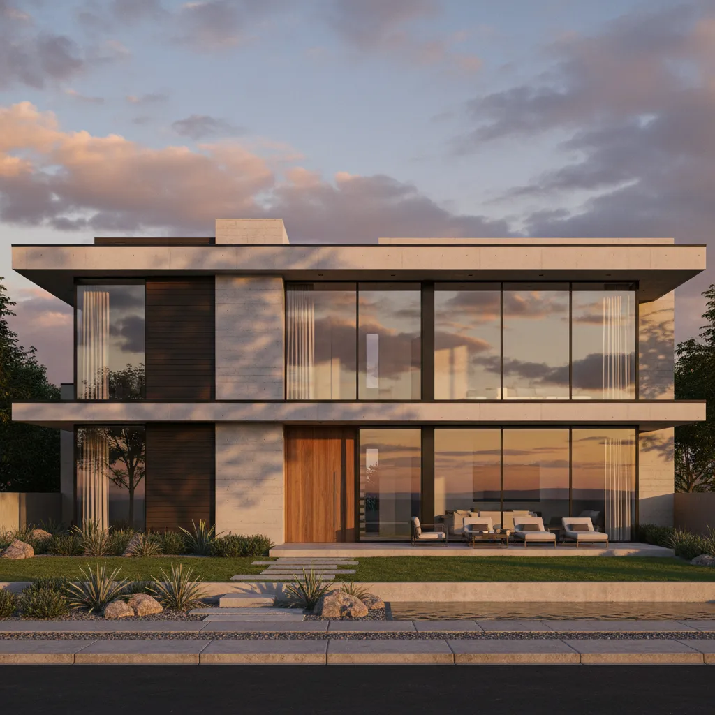 modern house elevation with warm sunset lighting and architectural shadows