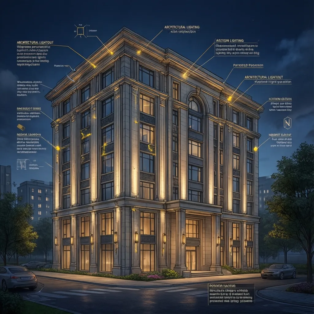 Interior design drawing showing yellow exterior wall lights on a classic stone building with labels