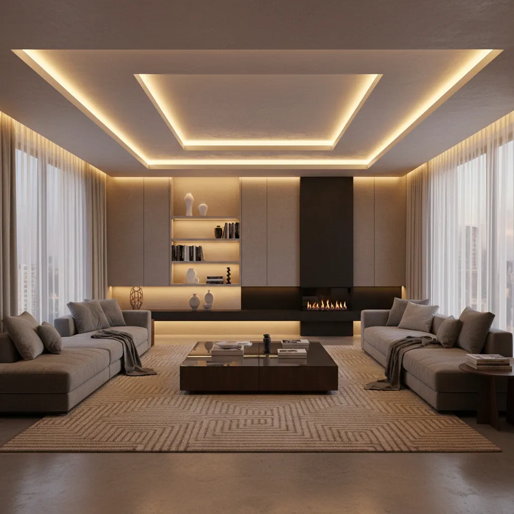 Modern living room with square ceiling lights fireplace grey sofas tall shelves and patterned rug