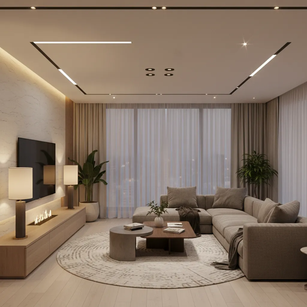 Realistic architectural rendering showing interior lighting design atmosphere