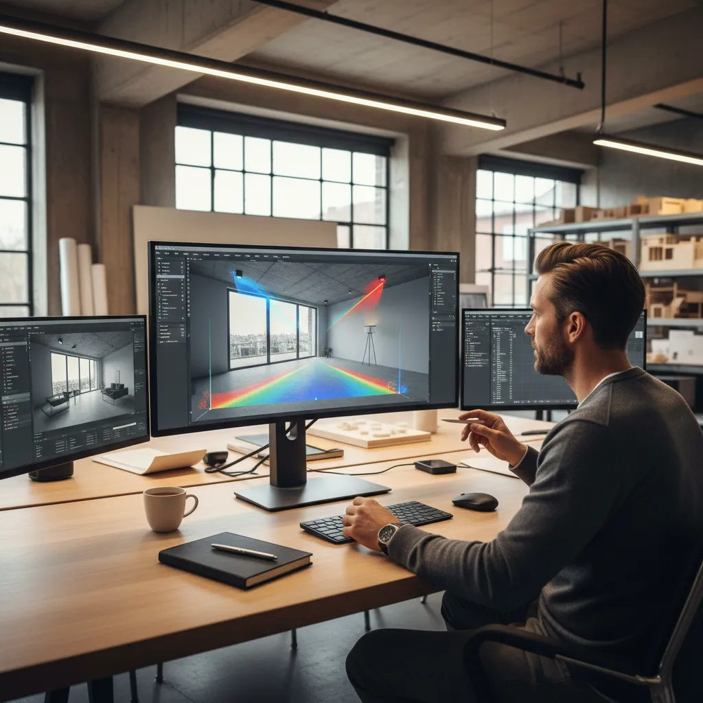 Architect reviewing lighting simulation on computer with 3D room model