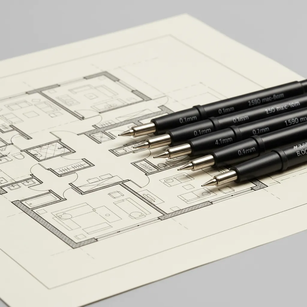 technical drawing pens showing different line weights for architectural floor plans