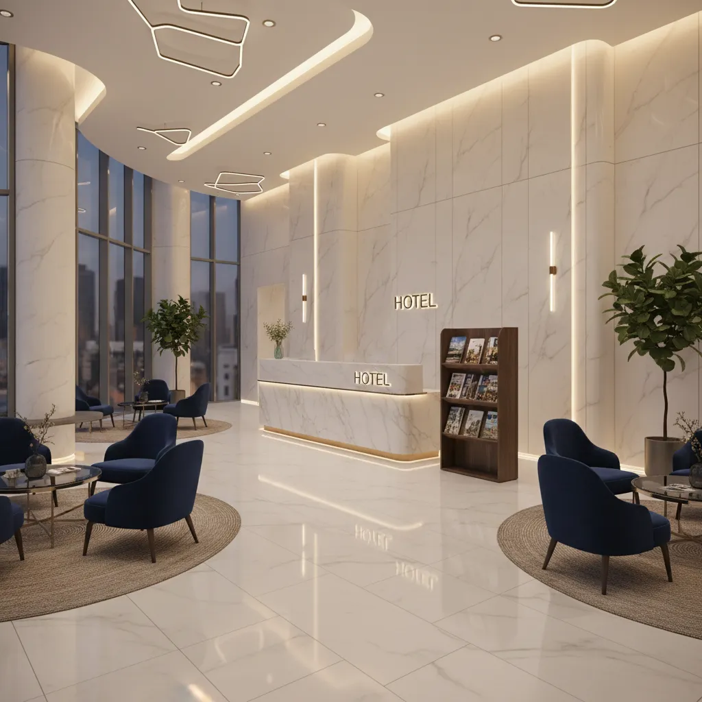 architectural lobby rendering featuring brochure stand beside reception desk