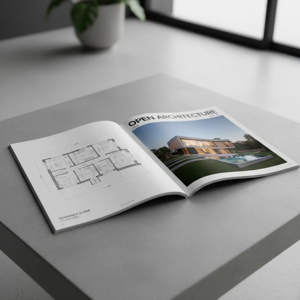Revista de arquitectura abierta mostrando planos y fotografías de un proyecto