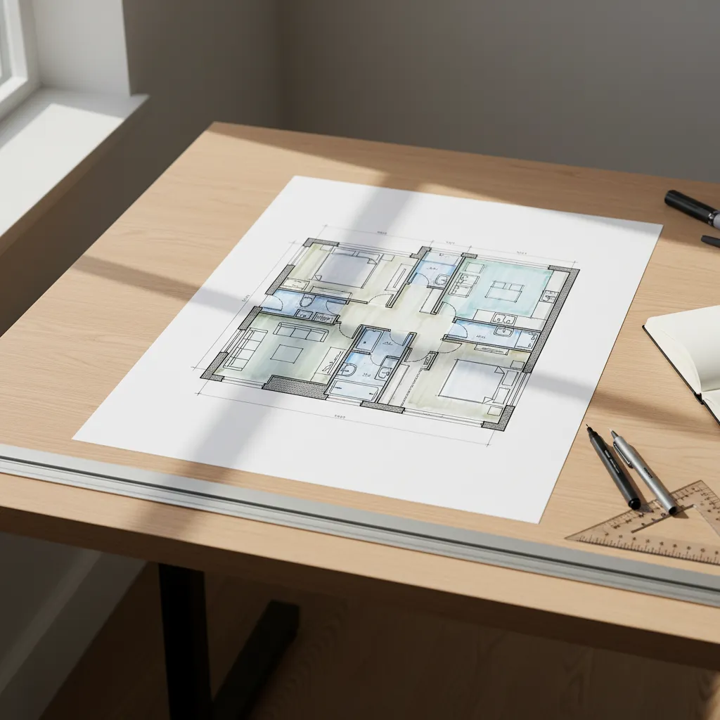 architectural floor plan drawn on smooth marker paper with clean lines