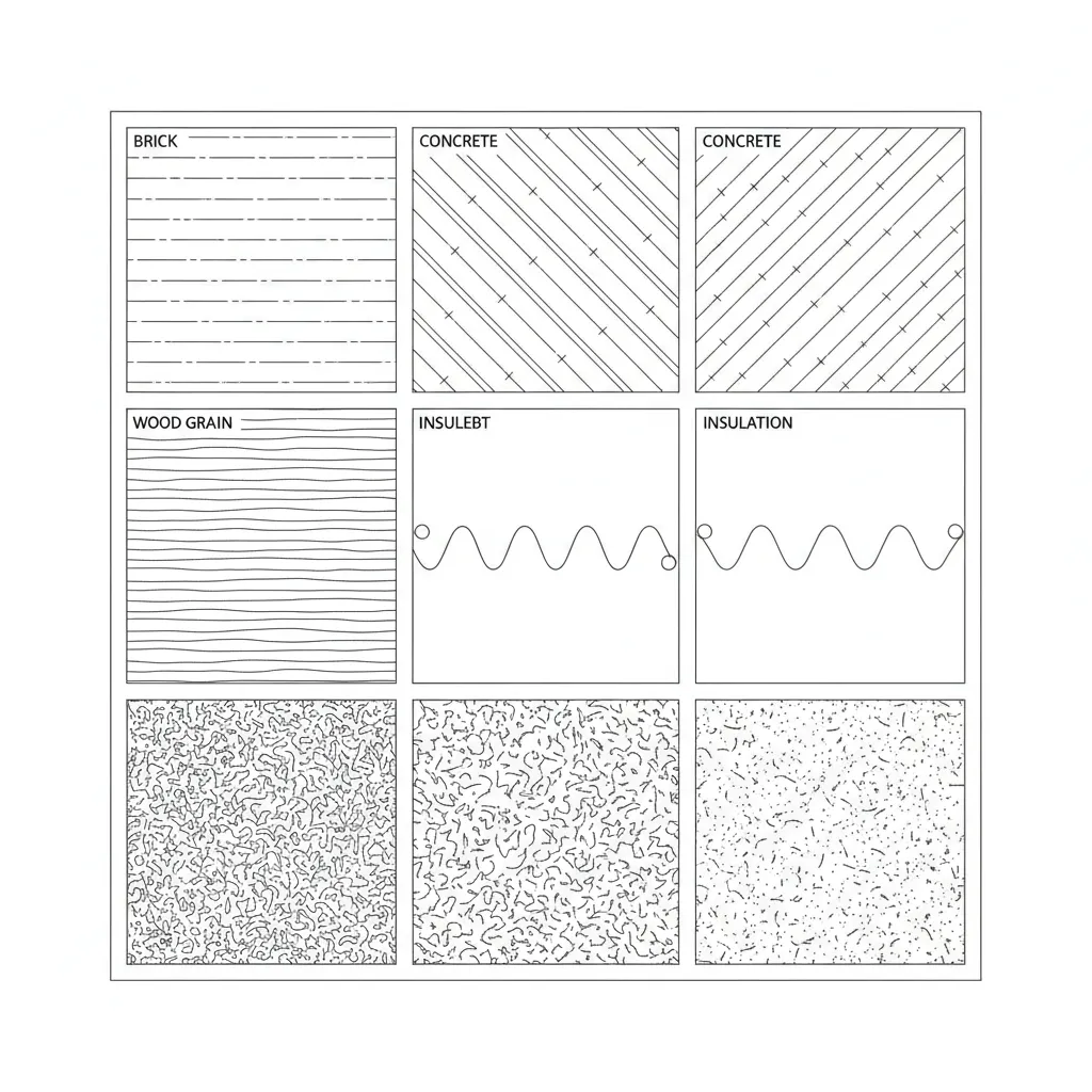 Grid showing common architectural hatch patterns for brick wood insulation and concrete