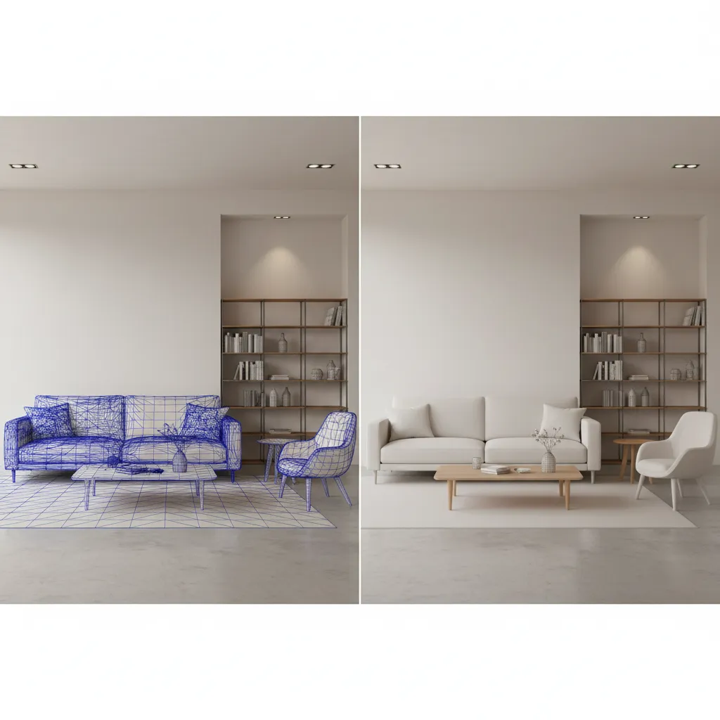 comparison of high polygon and optimized architectural furniture models