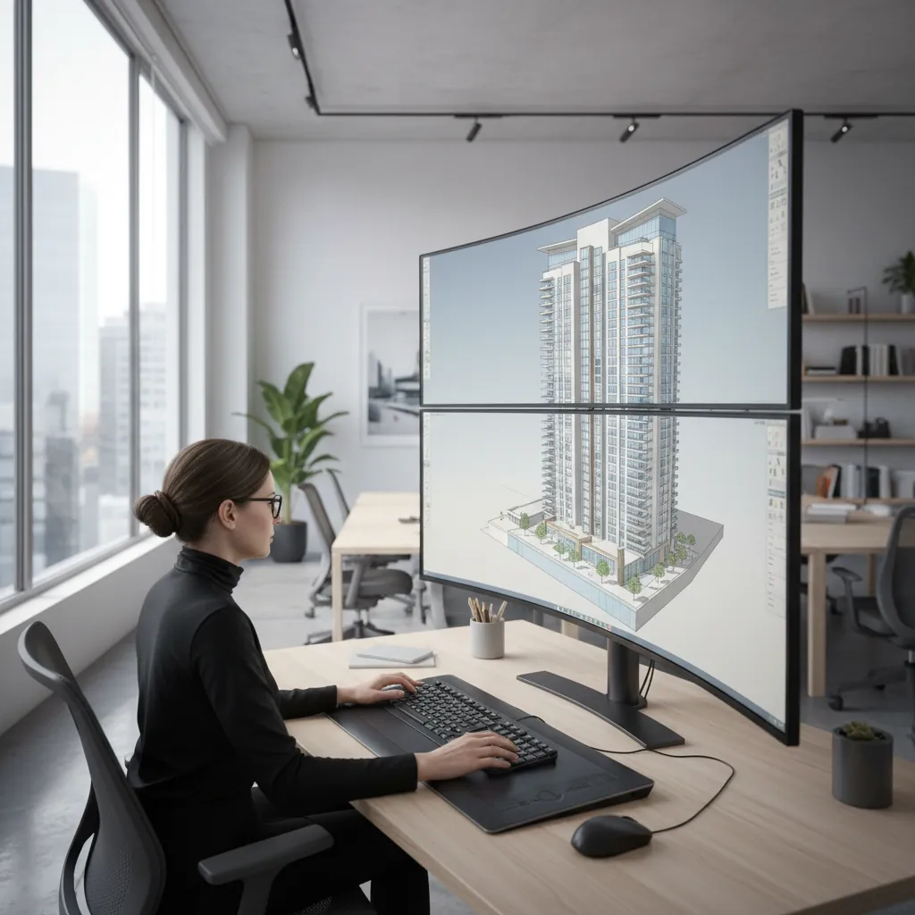 architect creating 3d building model on computer