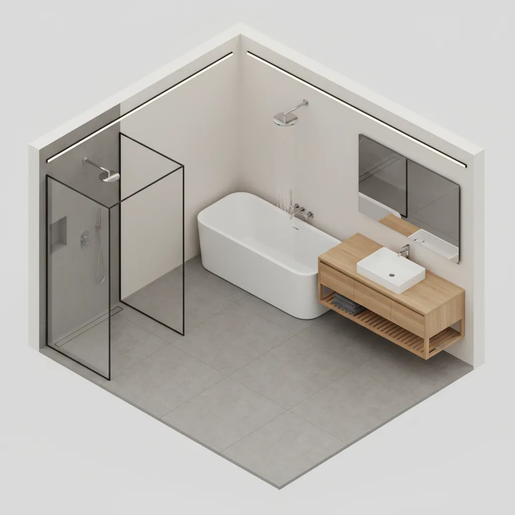 Architectural bathroom layout showing offset vanity placement and clearance zones